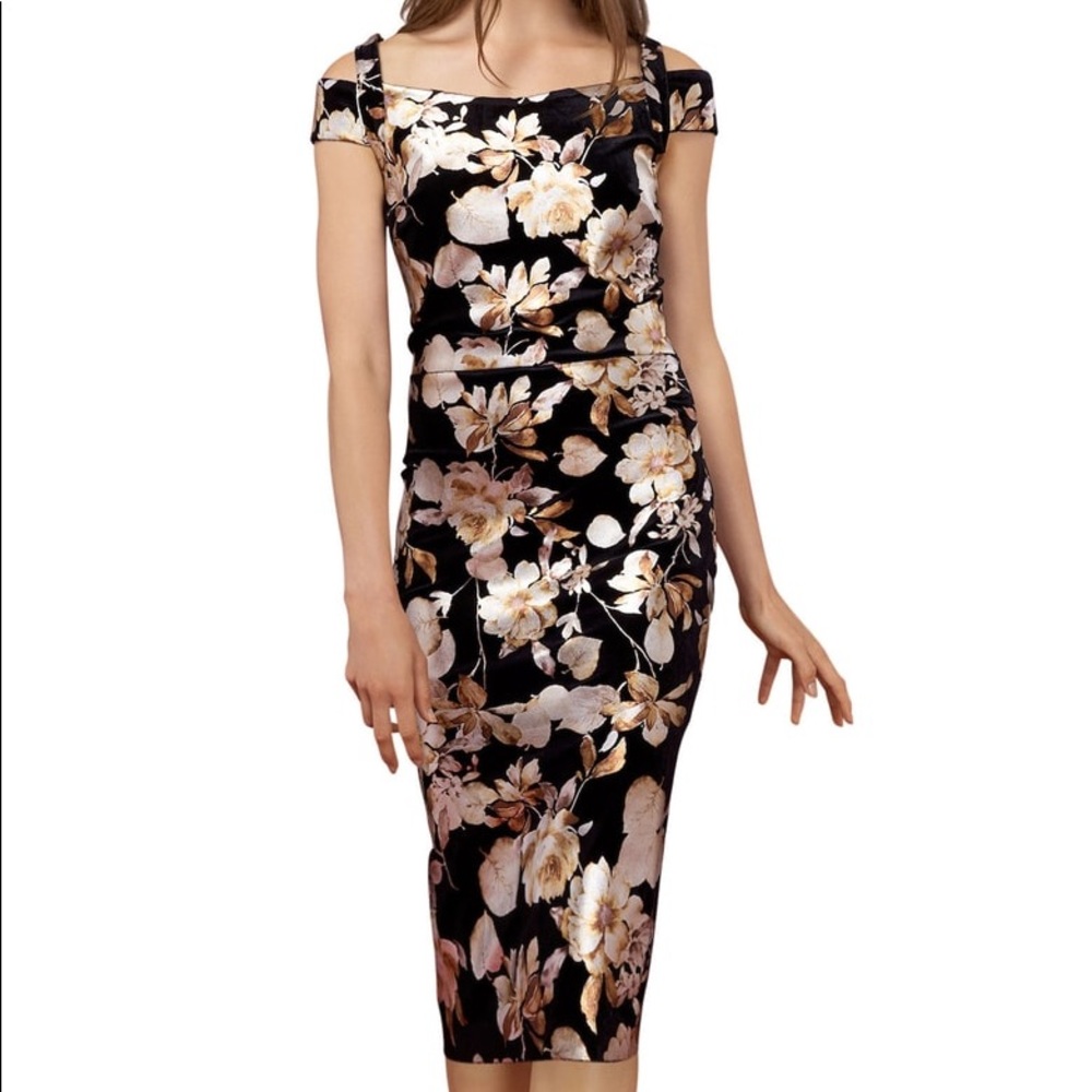 Beige by ECI Floral Foil Cold Shoulder Dress